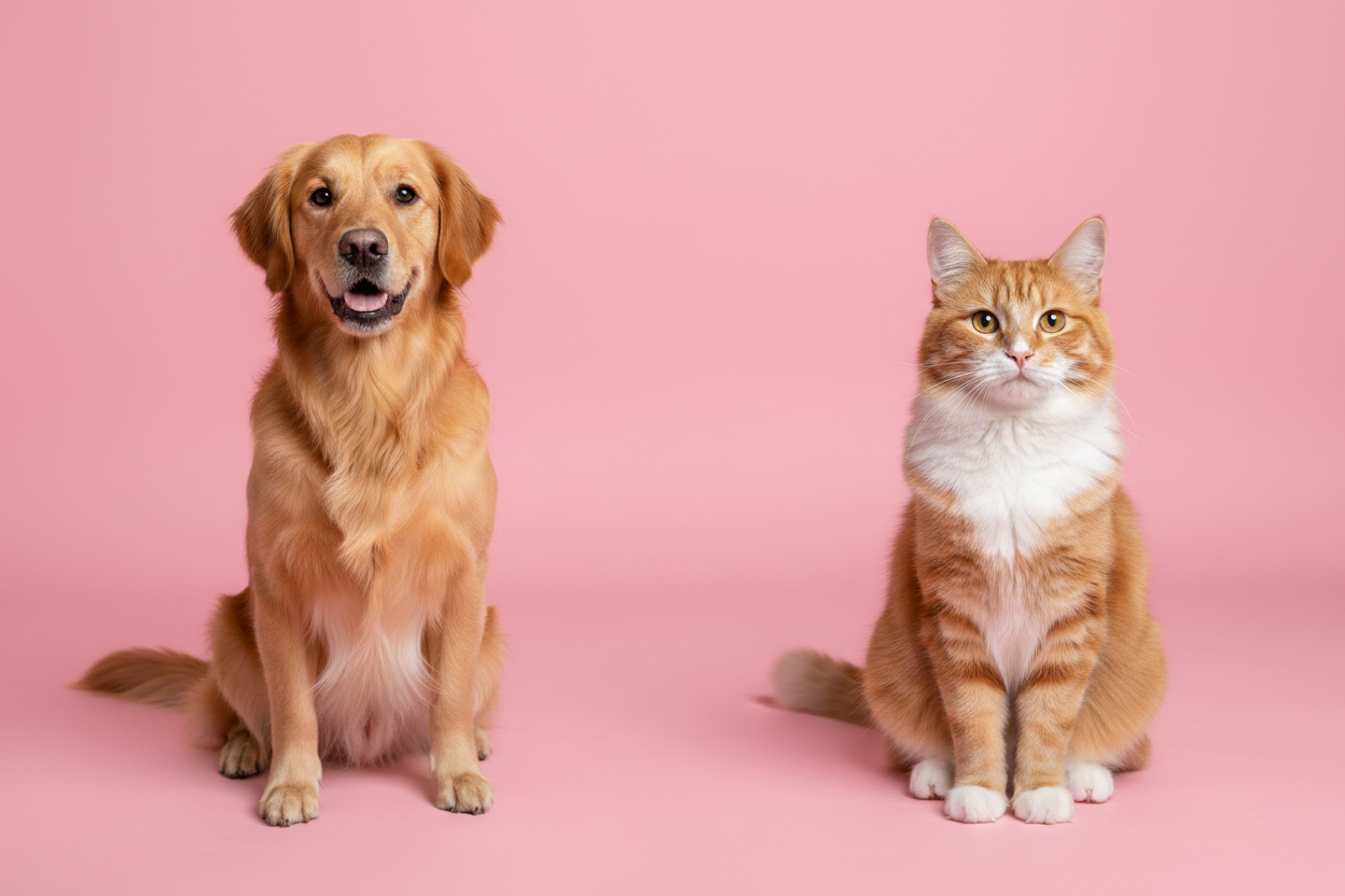 make an image with a golden retriver on one side of the screen and a cat on the other and both are facing the camara with a pink backround in the back